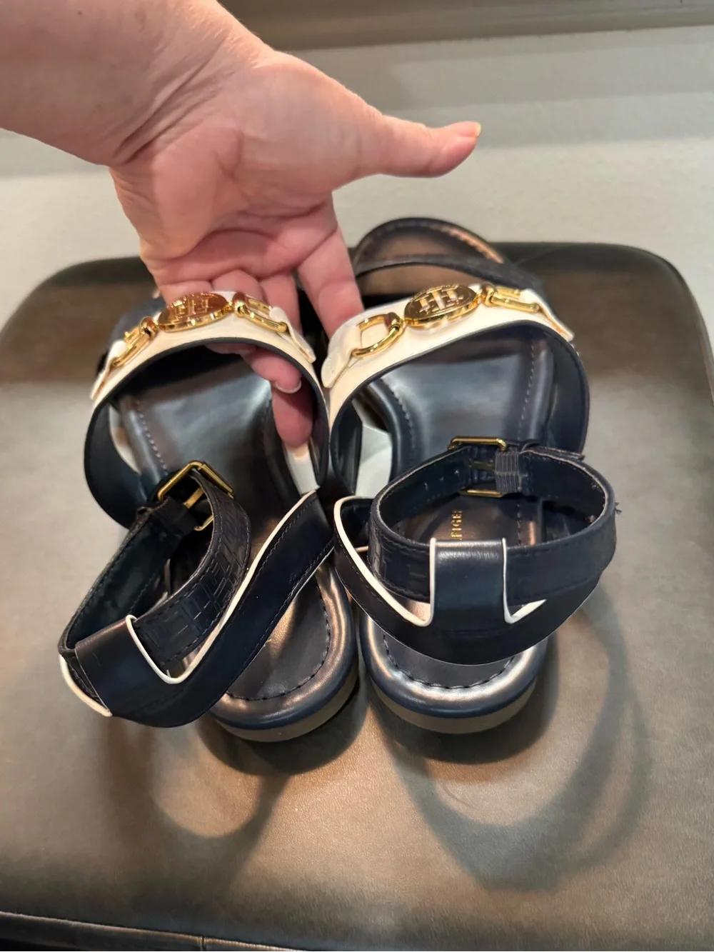 Tommy Hilfiger Black and White Gold-Logo Ankle Strap Sandals
